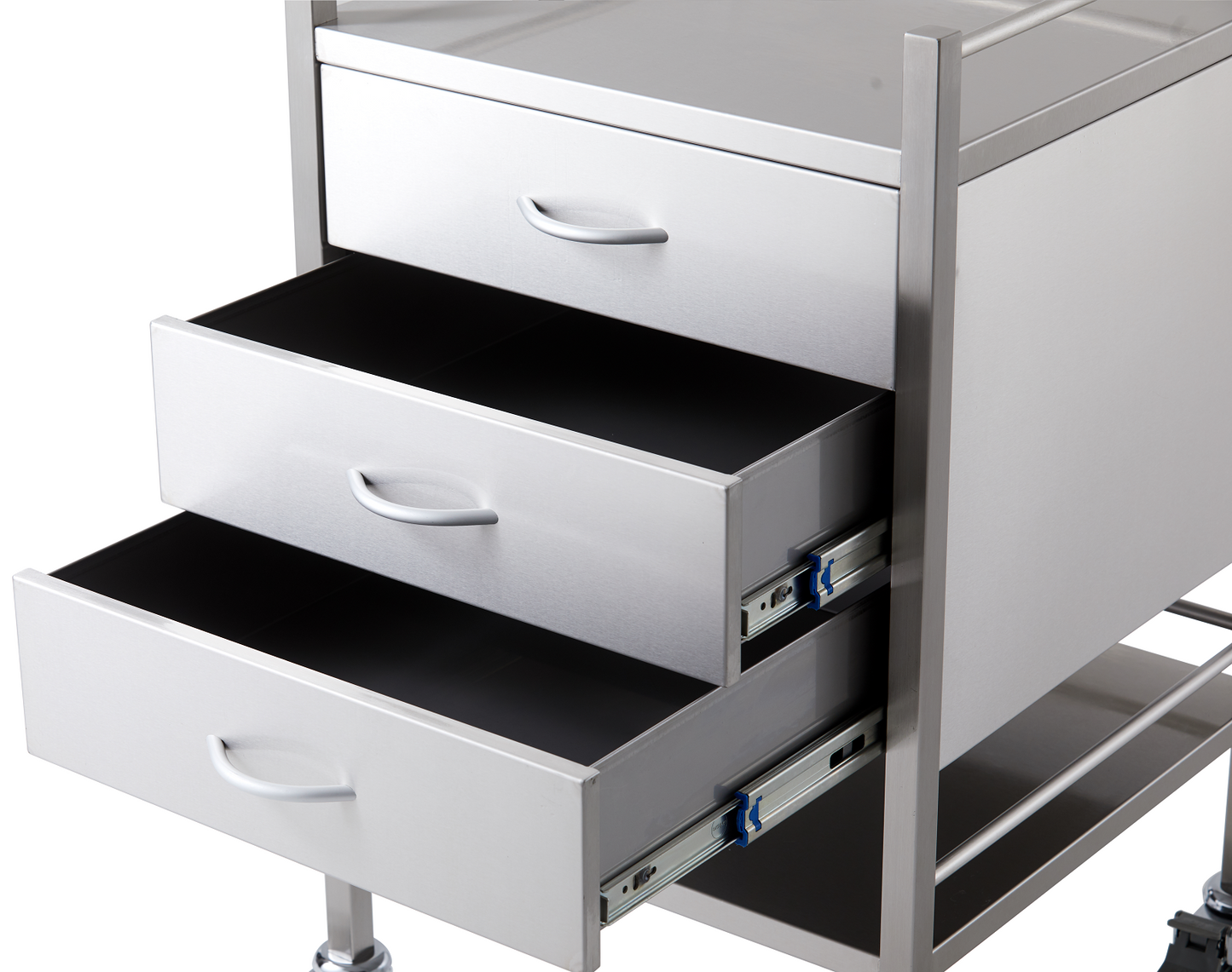 Stainless Steel Instrument Trolley with Three Drawers 500mm x 500mm x 900mm