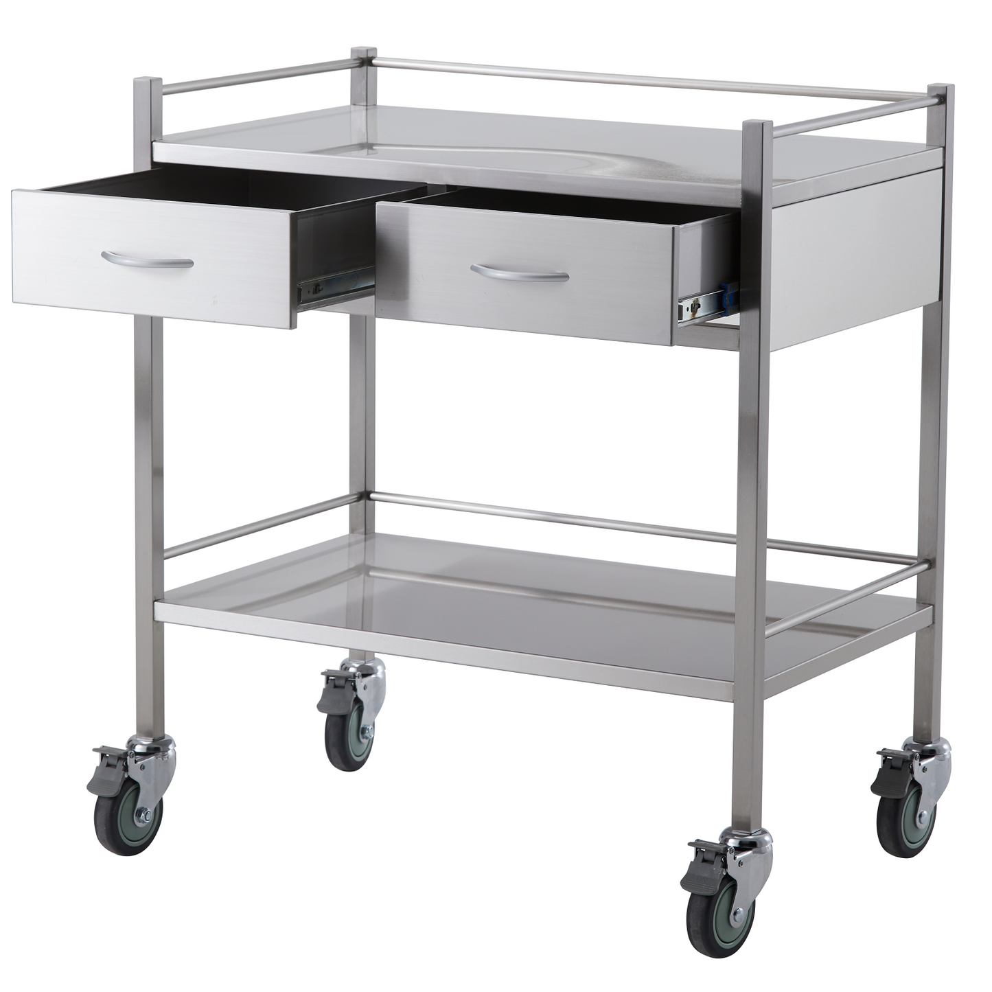 Stainless Steel Instrument Trolley with Two Side by Side Drawers 800mm x 500mm x 900mm