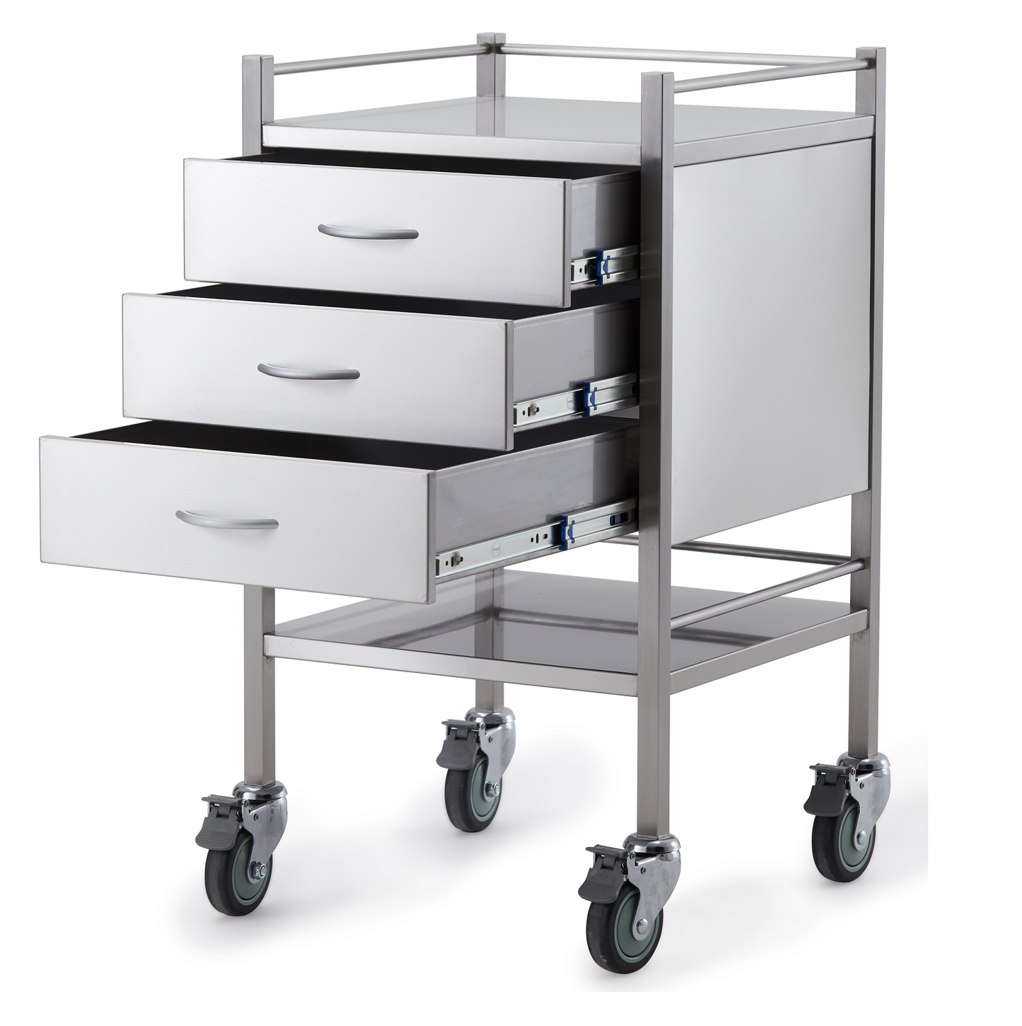 Stainless Steel Instrument Trolley with Three Drawers 500mm x 500mm x 900mm