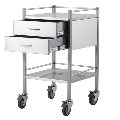 Stainless Steel Instrument Trolley with Two Drawers 800mm x 500mm x 900mm