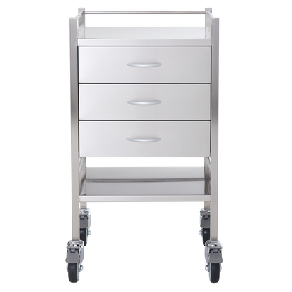 Stainless Steel Instrument Trolley with Three Drawers 500mm x 500mm x 900mm