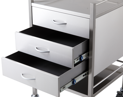 Stainless Steel Instrument Trolley with Three Drawers 500mm x 500mm x 900mm