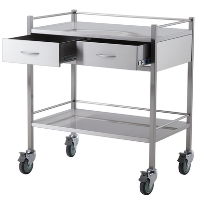 Stainless Steel Instrument Trolley with Two Side by Side Drawers 800mm x 500mm x 900mm