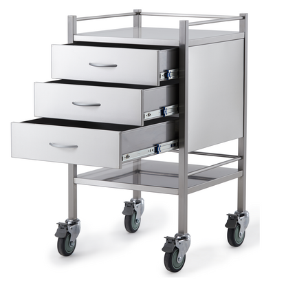 Stainless Steel Instrument Trolley with Three Drawers 500mm x 500mm x 900mm