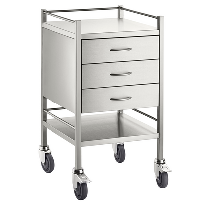 Stainless Steel Instrument Trolley with Three Drawers 500mm x 500mm x 900mm
