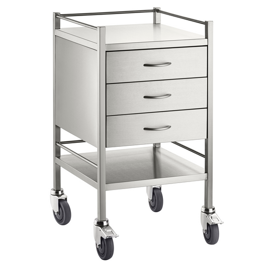 Stainless Steel Instrument Trolley with Three Drawers 500mm x 500mm x 900mm